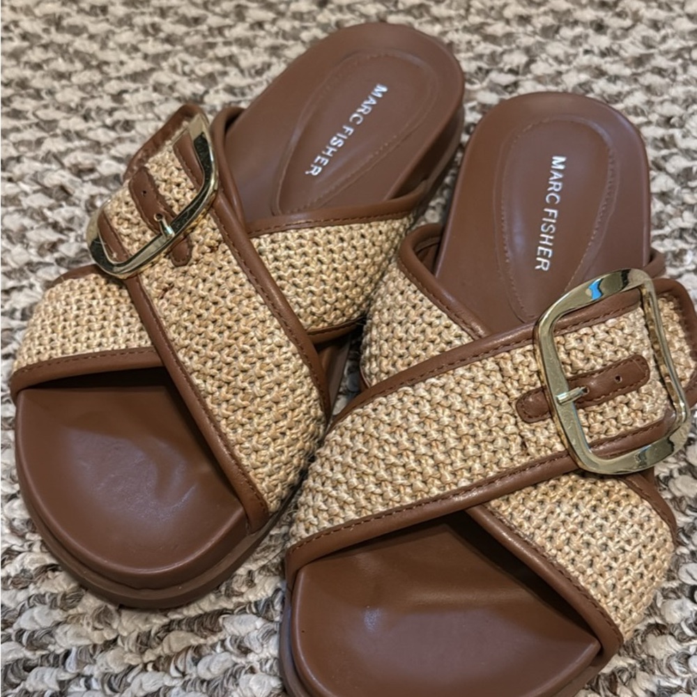 Marc Fisher Brown and Tan Slide Sandals with Buckle Details